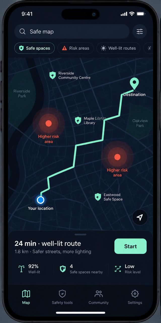 Safe map with route screen
